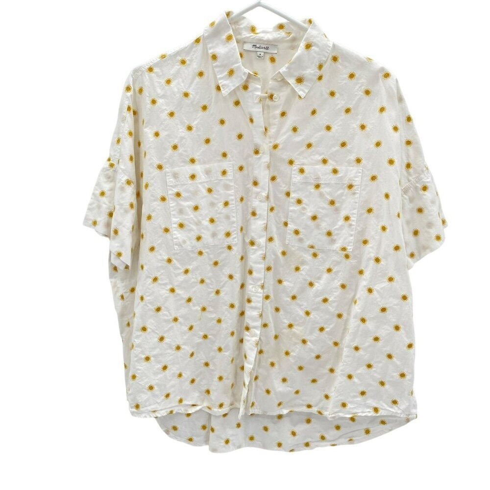 Madewell Embroidered Button Up Shirt White/Yellow Women's Size M